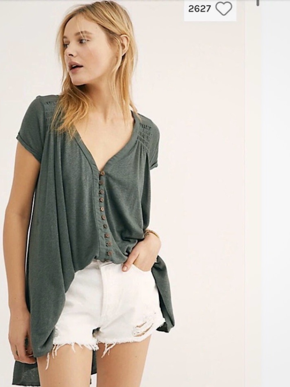 Free People Olive Green Button-Front V-Neck Babydoll Blouse